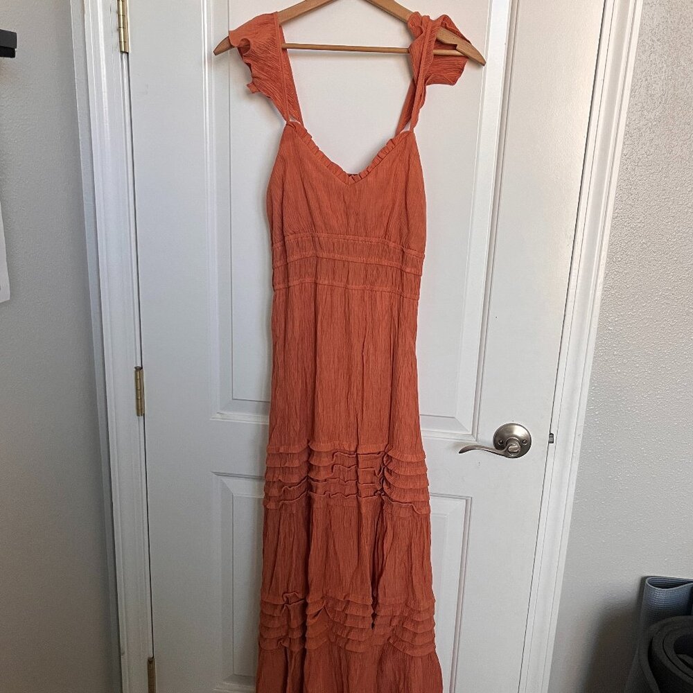 MAX + ASH Dress Women Medium Terracotta Rust Pleated Layered Ruffle Boho Cottage